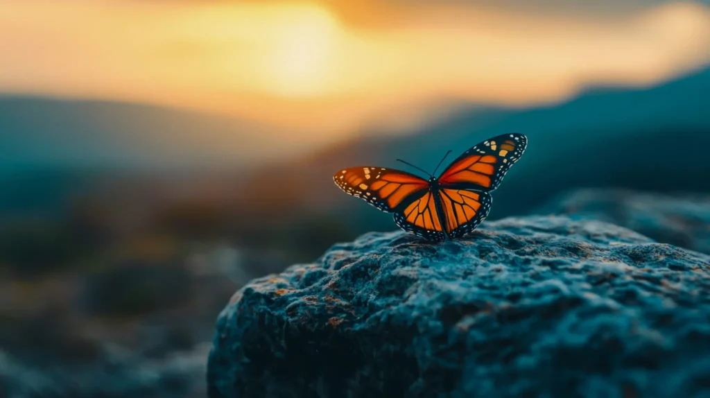 Mariposa monarca sobre roca al atardecer