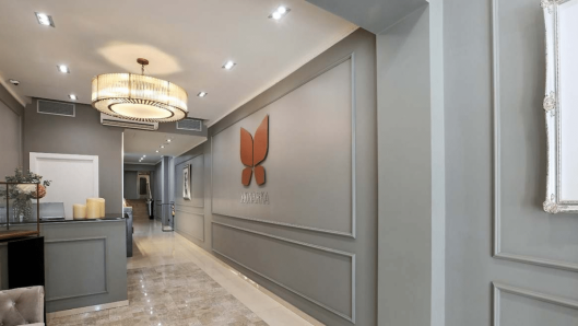 Lobby de Monarka Clinic con paredes grises paneladas y el logotipo de Monarka en la pared principal; a la izquierda, mostrador de recepción donde se sienta la recepcionista, con elementos decorativos, iluminación empotrada y lámpara de techo, y un pasillo al fondo.